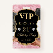 Roze en Zwart Gouden Glitter Agaat Verjaardag VIP Badge (Achterkant)