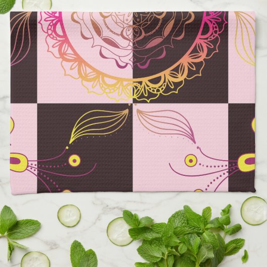 Roze en Zwart Grafische Kunst, Mystic Checkerboard Theedoek (Gevouwen)