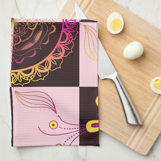 Roze en Zwart Grafische Kunst, Mystic Checkerboard Theedoek (Quarter Fold)