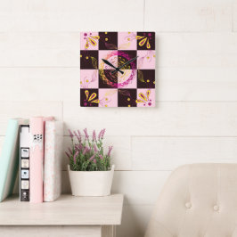 Roze en Zwart Grafische Kunst, Mystic Checkerboard Vierkante Klok