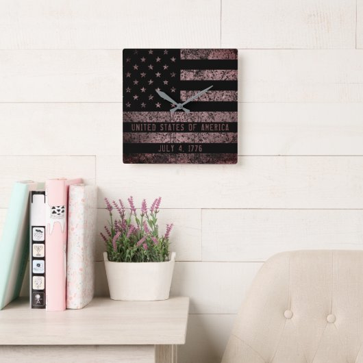  roze en zwart grunge Amerikaanse vlag Vierkante Klok (Leeskamer)