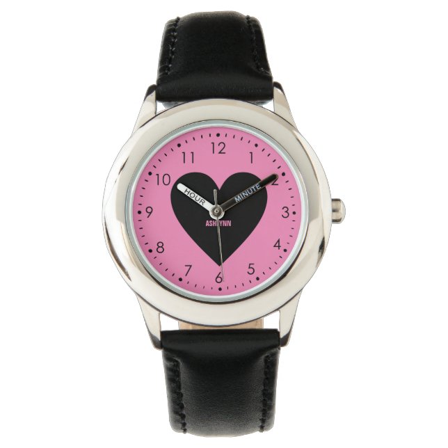 Roze en Zwart Hart Horloge (Voorkant)
