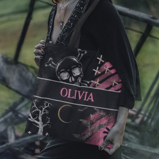 Roze en zwart herbruikbare Halloween Tote Bag