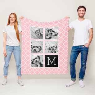 Roze en zwart instagram 5 Foto Collage Monogram Fleece Deken