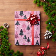 Roze en zwart kerstboom inpakpapier