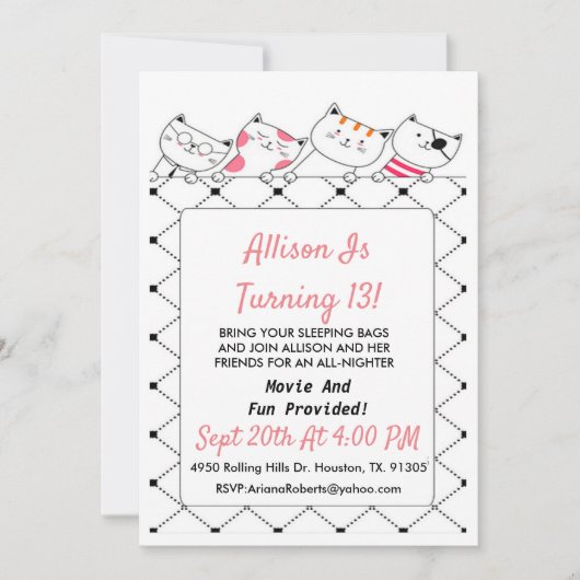 Roze En Zwart Kitty Kat Teeb Meisje Verjaardag Kaart (Voorkant)