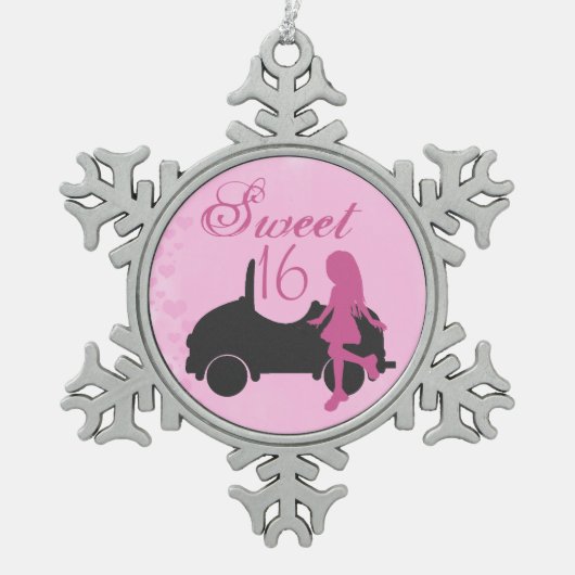 Roze en Zwart Lief 16 Silhouet Meisje en Auto Tin Sneeuwvlok Ornament (Voorkant)