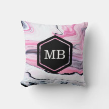 Roze en zwart marmer patroon monogram kussen