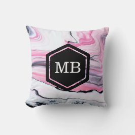 Roze en zwart marmer patroon monogram kussen