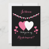 Roze en zwart met bunting en hartjes Bruidsmeisje Kaart (Voorkant)