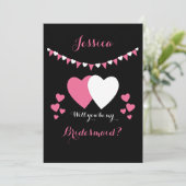 Roze en zwart met bunting en hartjes Bruidsmeisje Kaart (Staand voorkant)