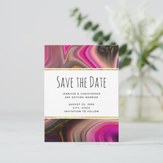 Roze en zwart met Gold Swirls Sla de datum op Uitnodiging Briefkaart (Staand voorkant)