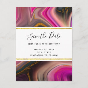 Roze en zwart met Gold Swirls Sla de datum op Uitnodiging Briefkaart