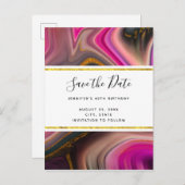 Roze en zwart met Gold Swirls Sla de datum op Uitnodiging Briefkaart (Voorkant / Achterkant)