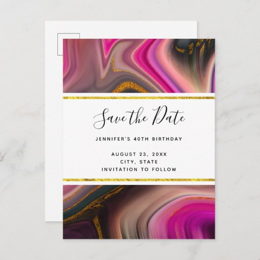 Roze en zwart met Gold Swirls Sla de datum op Uitnodiging Briefkaart (Voorkant / Achterkant)