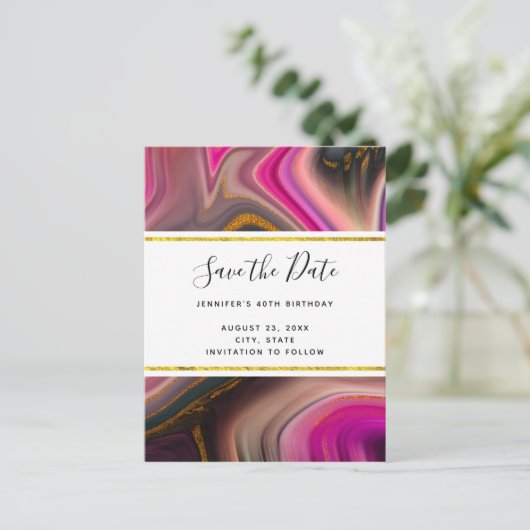 Roze en zwart met Gold Swirls Sla de datum op Uitnodiging Briefkaart (Staand voorkant)