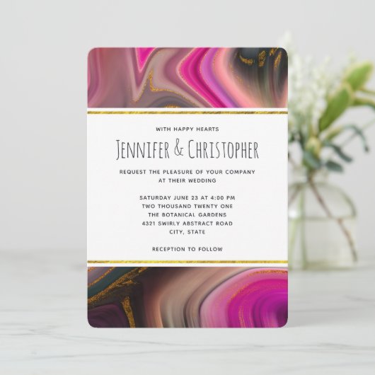 Roze en zwart met gouden zweepjes Abstract huwelij Kaart (Staand voorkant)