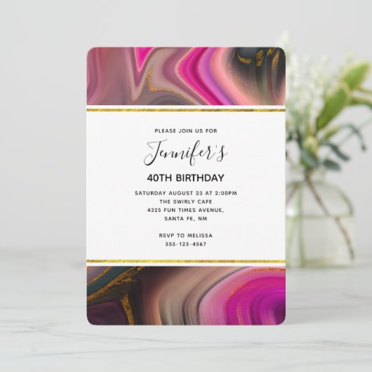 Roze en zwart met goudziren Abstracte verjaardag Kaart (Staand voorkant)