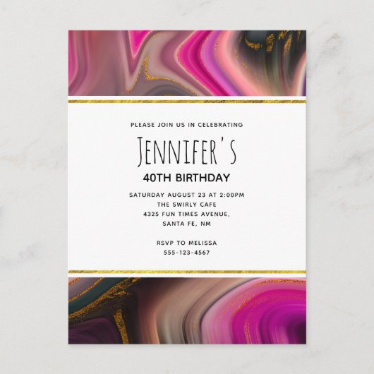 Roze en zwart met goudziren Abstracte verjaardag Uitnodiging Briefkaart (Voorkant)