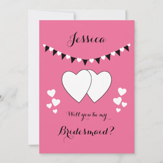Roze en zwart met harten bunting bruidsmeisje kaart (Voorkant)