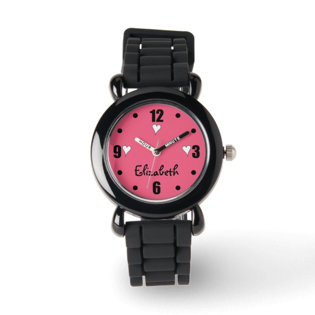 Roze en zwart met harten en naam horloge (Voorkant)