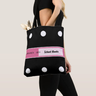 Roze en zwart met stippen en naam voor schoolboeke tote bag