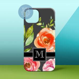 Roze en zwart met Waterverf bloemen en monogram iPhone 15 Case