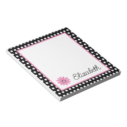 Roze en Zwart Met Witte Polka Dots Gepersonaliseer Notitieblok (Schuin)