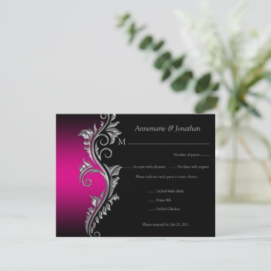 Roze en Zwart met Zilver Swirl RSVP (Staand voorkant)