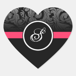 Roze en Zwart Monogram Hart Damast Stickers