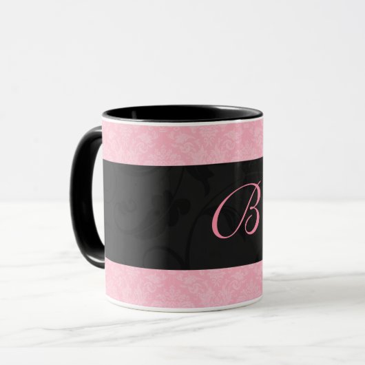 Roze en zwart Monogrammed Vrouwelijke Damask Mok (Voorkant links)