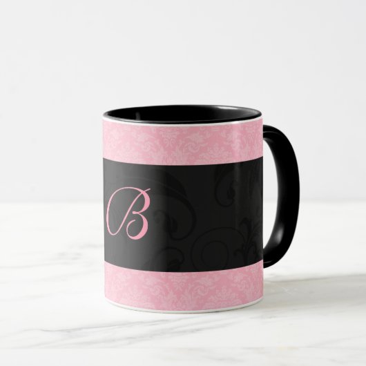 Roze en zwart Monogrammed Vrouwelijke Damask Mok (Voorkant rechts)