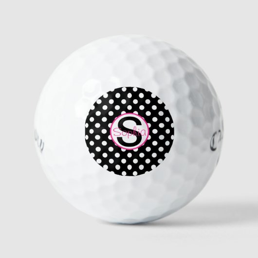 Roze en zwart, naam en Initiaal met pooldots Golfballen (Voorkant)