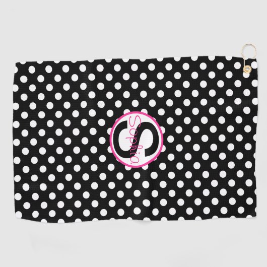 Roze en zwart, naam en Initiaal met pooldots Golfhanddoek (Horizontaal)