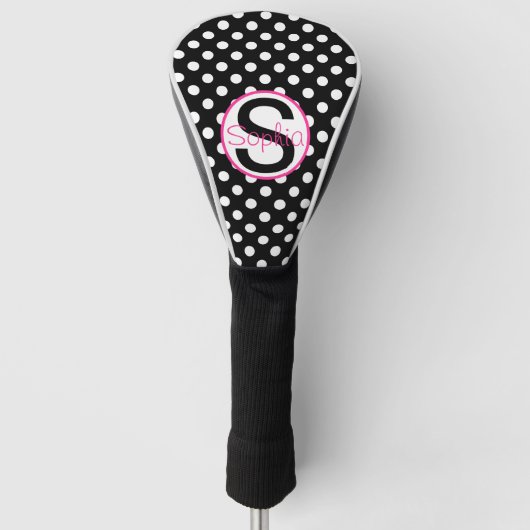 Roze en zwart, naam en Initiaal met pooldots Golfheadcover (Voorkant)