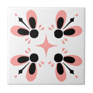 Roze en zwart op wit gecompliceerd Floral patroon Tegeltje