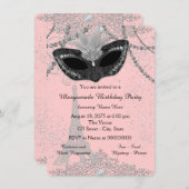 Roze en zwart Parijs Masquerade Party Kaart (Voorkant / Achterkant)