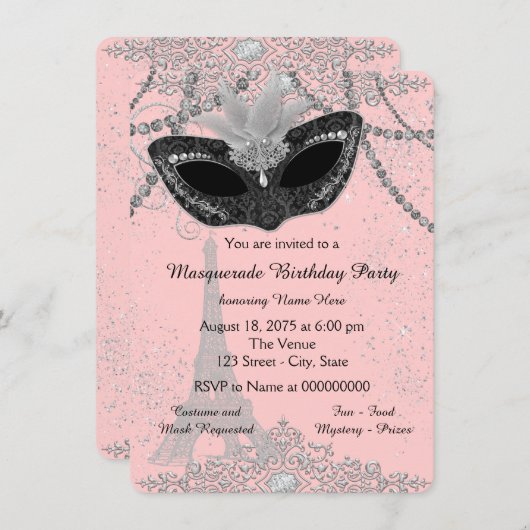 Roze en zwart Parijs Masquerade Party Kaart (Voorkant / Achterkant)