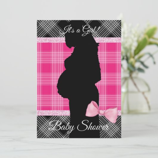 Roze en Zwart Plaid Baby shower Invitation Kaart (Staand voorkant)