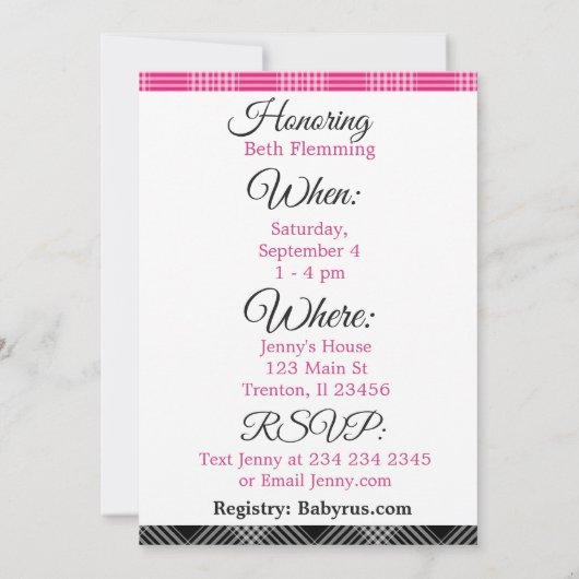Roze en Zwart Plaid Baby shower Invitation Kaart (Achterkant)