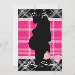 Roze en Zwart Plaid Baby shower Invitation Kaart