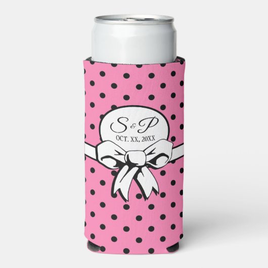 Roze en Zwart Polka Dot White Bow gepersonaliseerd Seltzer Blikjeskoeler (Seltzer Voorkant)