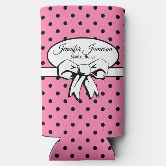 Roze en Zwart Polka Dot White Bow gepersonaliseerd Seltzer Blikjeskoeler (Achterkant)
