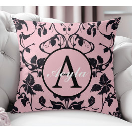 Roze en zwart Roos Damask Monogram Kussen
