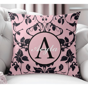 Roze en zwart Roos Damask Monogram Kussen
