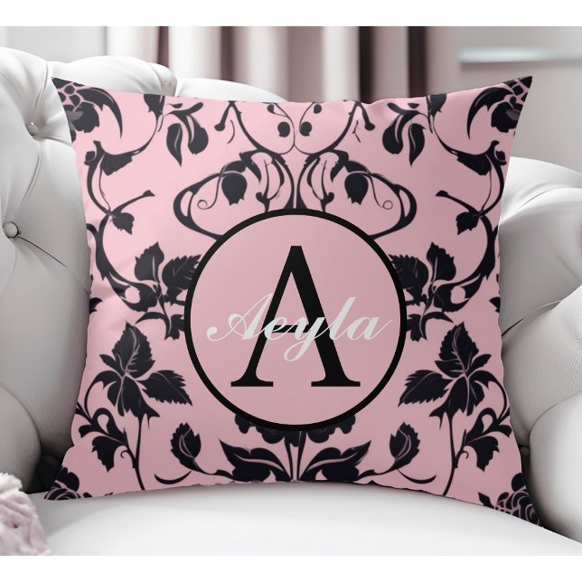 Roze en zwart Roos Damask Monogram Kussen (Creator heeft geüpload)