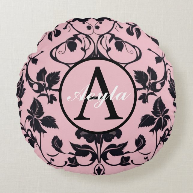 Roze en zwart Roos Damask Monogram Rond Kussen (Voorkant)
