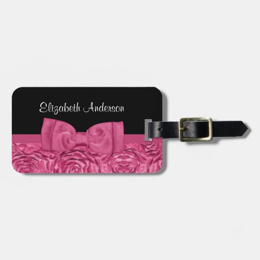  Roze en Zwart Roos Floral Chic Bow Bagagelabel (Voorkant horizontaal)
