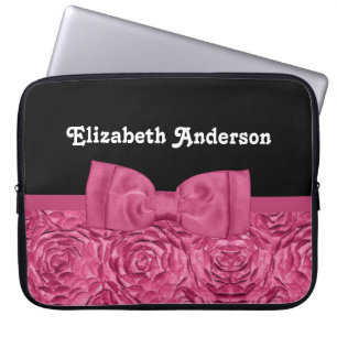 Roze en Zwart Roos Floral Chic Bow Laptop Sleeve