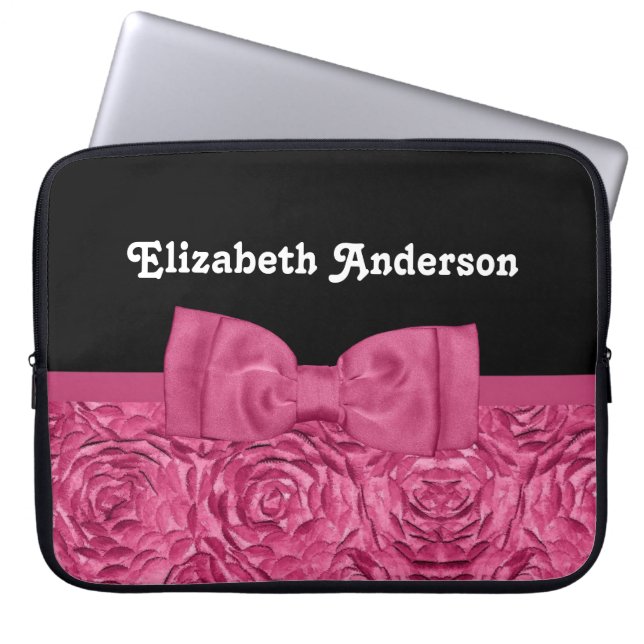  Roze en Zwart Roos Floral Chic Bow Laptop Sleeve (Voorkant)